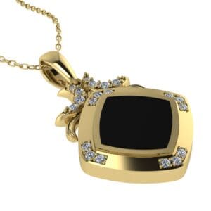 A gold necklace with black and white stones.