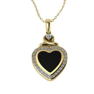 A heart shaped pendant with black and white diamonds.