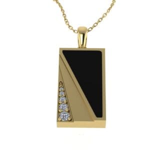 A gold necklace with black and white stones.