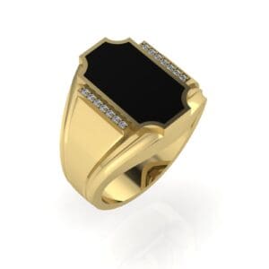 A gold ring with black stone and diamonds.