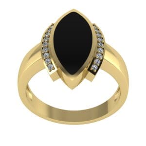 A gold ring with black stone and diamond accents.