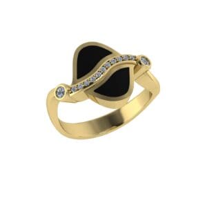 A gold ring with black and white stones.