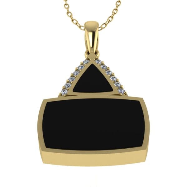 A black and gold necklace with diamonds on it
