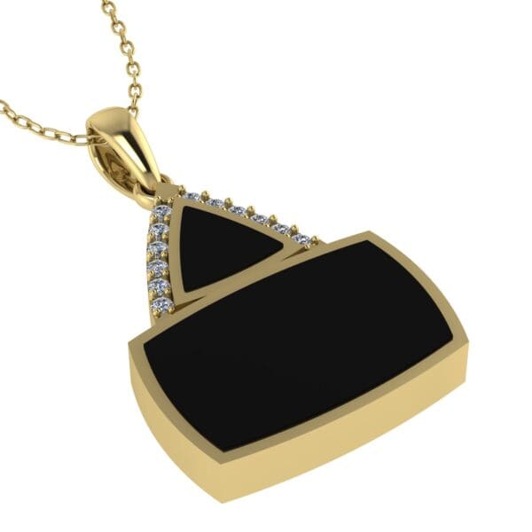 A gold necklace with black and white stones.