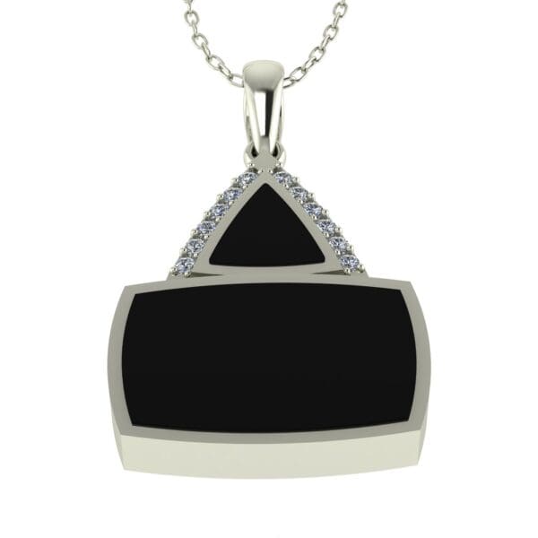A black and white diamond necklace with a triangle shaped pendant.