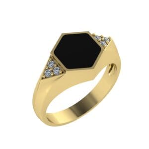 A gold ring with black stone and white diamonds.