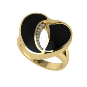 A gold ring with black and white stones.