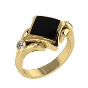 A gold ring with black stone and two white stones.