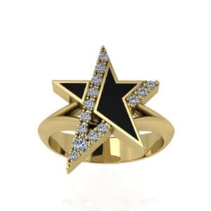 A gold ring with two stars and black enamel.