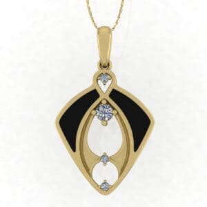 A gold and diamond pendant with black enamel.