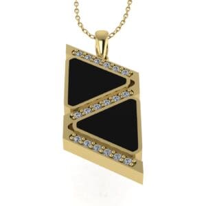 A gold necklace with black and white stones.