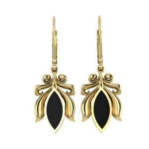 A pair of gold earrings with black stones.