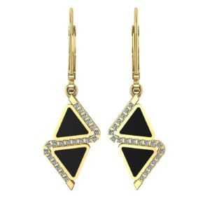 A pair of gold earrings with black and white diamonds.