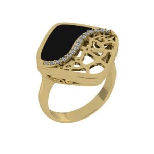 A gold ring with black and white stones